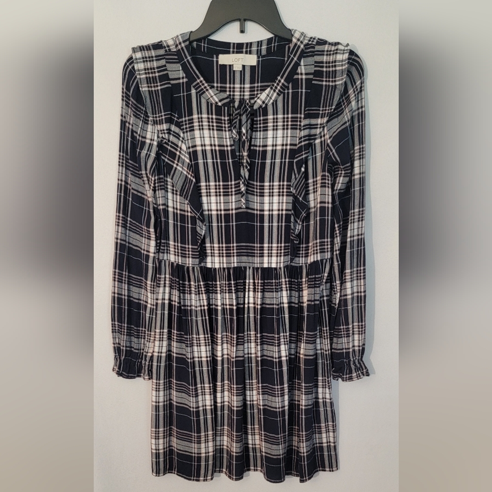 LOFT Blue, Pink & White Plaid Dress Size S